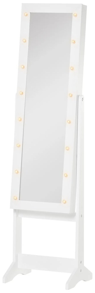 HOMCOM Guarda-Joias de Pé, com Espelho, Armário para Joias 16 Luzes LED Reclinável  36x30x136cm Branco