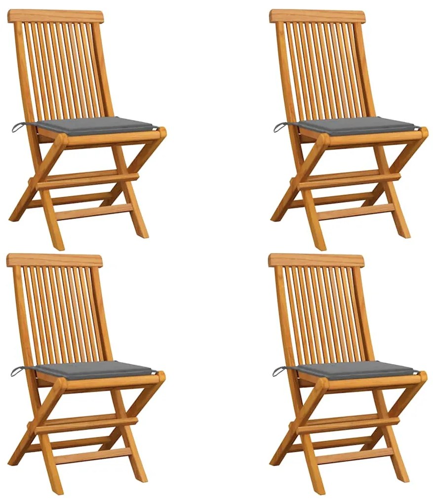 Cadeiras de jardim c/ almofadões cinzentos 4 pcs teca maciça