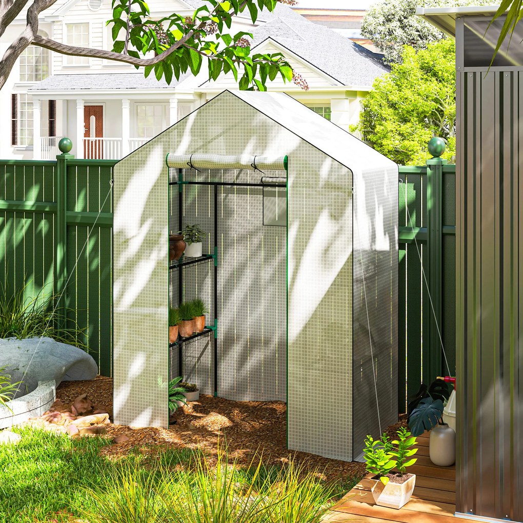 Estufa de jardim 140 x 73 x 190 cm com 1 porta, 2 janelas e 2 prateleiras em forma de U para legumes, plantas e flores; cobertura em PE