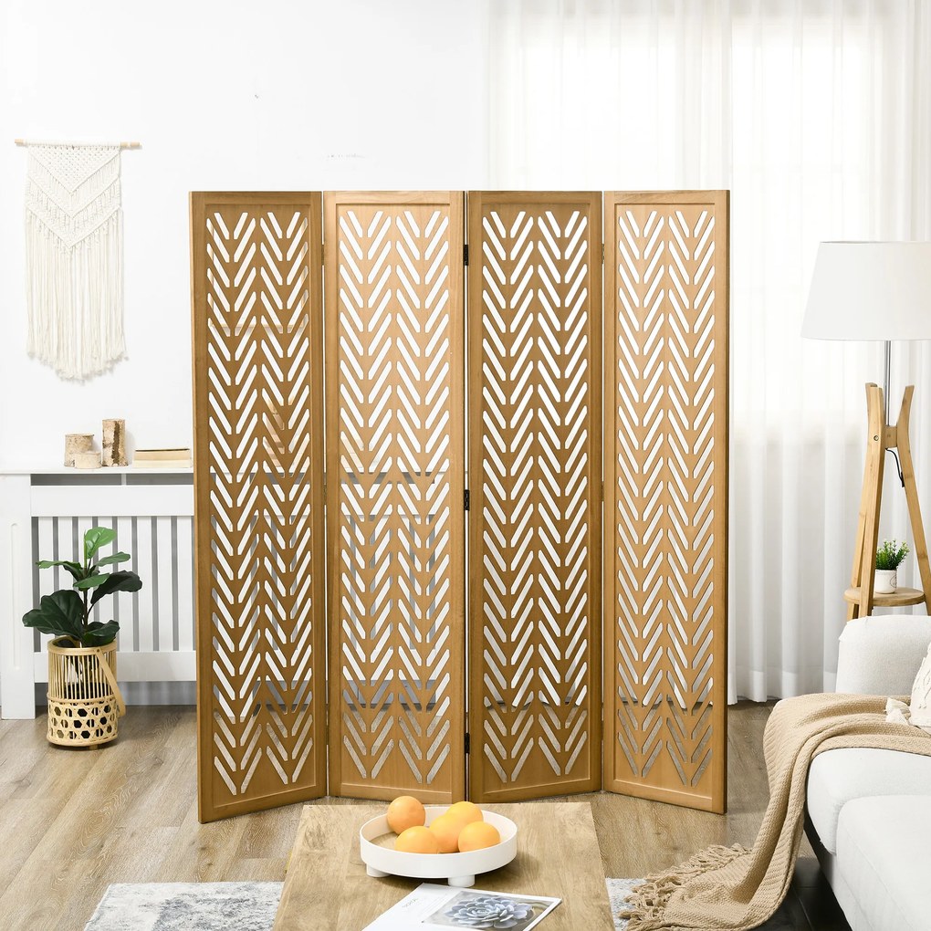 Biombo de madeira com aberturas 160 x 170 cm, divisória de interior dobrável, 4 painéis de madeira, natural