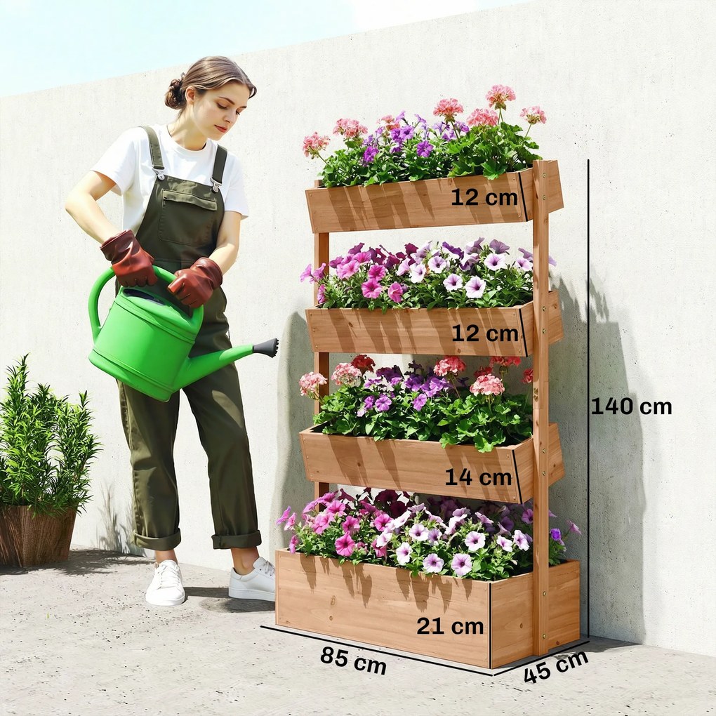 Floreira de Madeira de 4 Níveis Canteiro Elevado Exterior com Orifícios de Drenagem Tecido Não Tecido Castanho