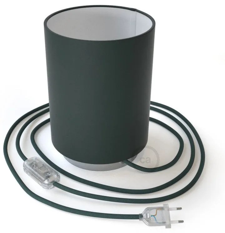Posaluce em metal com abajur Cilindro Cinette Azul Petróleo, com lâmpada, cabo de tecido, interruptor e ficha bipolar