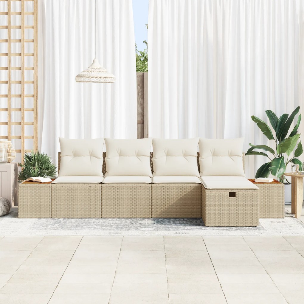 Conjunto de Sofá de Jardim com 5 Peças e Almofadas Bege de Rattan