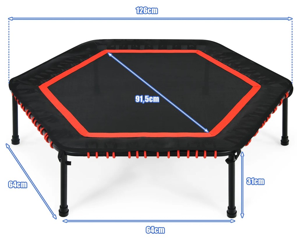 Trampolim Hexagonal Fitness com Almofadas para Treino de Cardio e Salto Crianças e Adultos Vermelho e Preto 126 cm