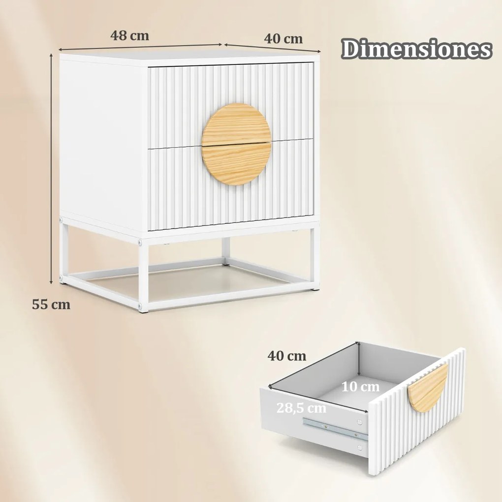 Mesa de cabeceira, mesa apoio 48 x 40 x 55 cm com 2 gavetas com moldura metálica e puxadores em madeira de pinho moderna com design ondulado elegante