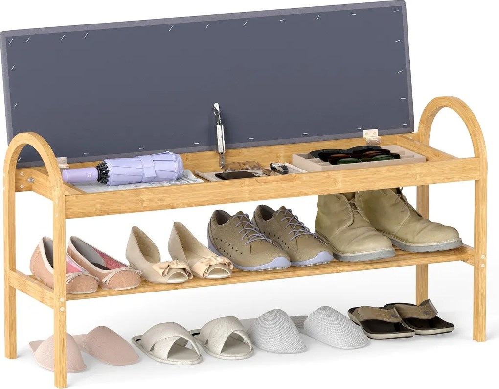Banco de bambu para sapatos 101 x 31 x 51 cm com tampa rebatível acolchoada, compartimento oculto para sala Cinzento