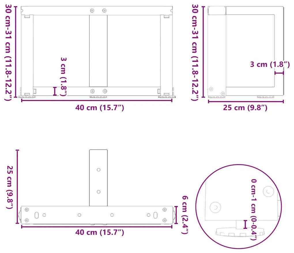 Pés para mesa de centro em forma de T, 2 peças, branco, 40x25x(30-31)