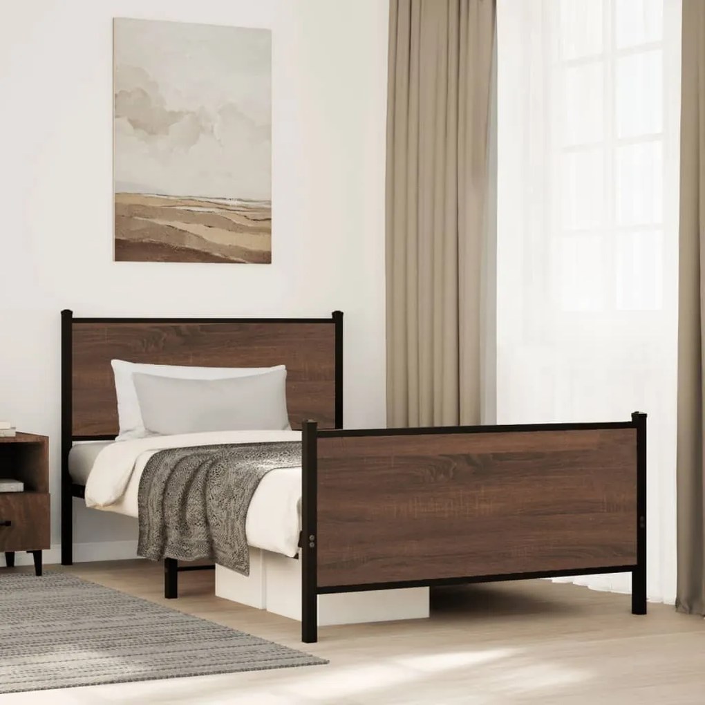 Estrutura de cama sem colchão 107x203cm metal carvalho castanho