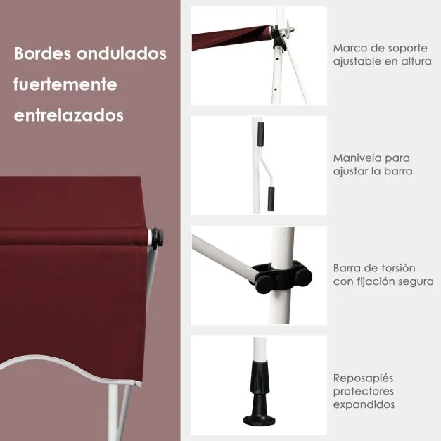Toldo 400 cm telescópico e retrátil resistente aos raios UV impermeável com manivela altura regulável para janela varanda jardim Vermelho