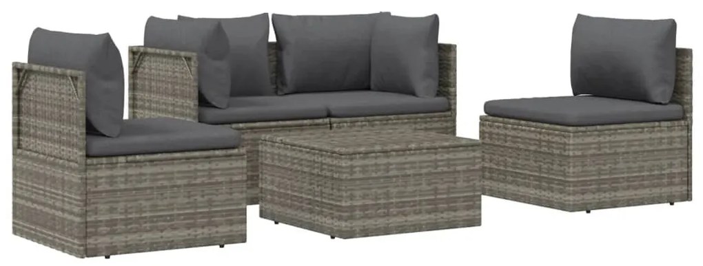 5 pcs conjunto lounge de jardim c/ almofadões vime PE cinzento