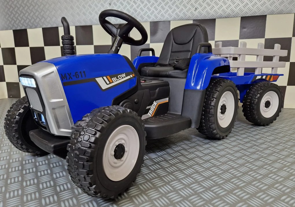 Tractor de bateria para crianças 3 a 5 anos, 12 volts, Pneus borracha, banco em pele, com reboque e Comando Azul