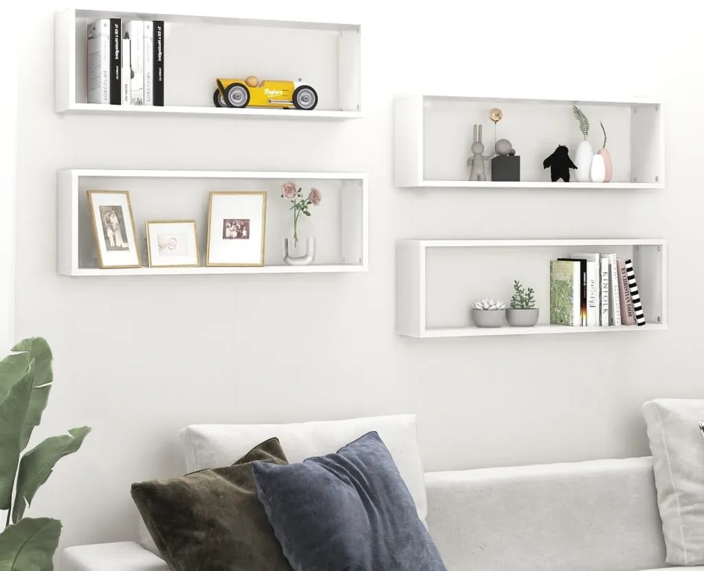 vidaXL Estantes parede cúbicas 4 pcs contr. 80x15x26,5cm branco brilh.