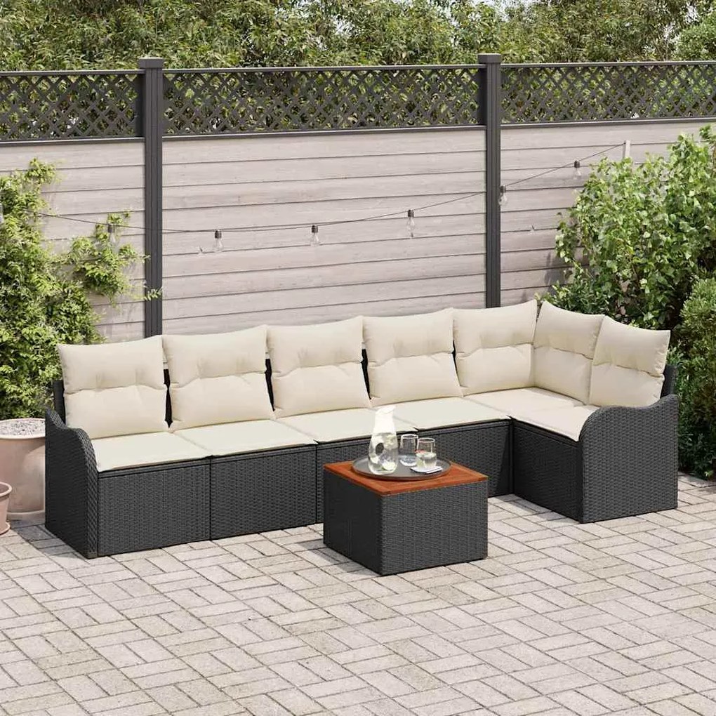vidaXL Conjunto de Sofá de Jardim de 7 Peças com Almofadas em Rattan Preto e Acácia