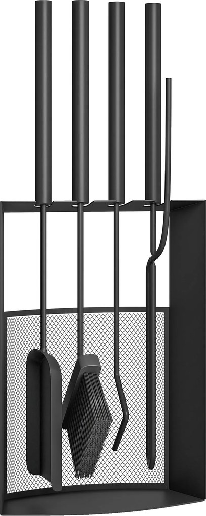 Outsunny Conjunto de Utensílios para Lareira 5 peças Acessórios com Vassoura, Pá, Ferro, Pinça e Suporte Metal, Preto | Aosom Portugal