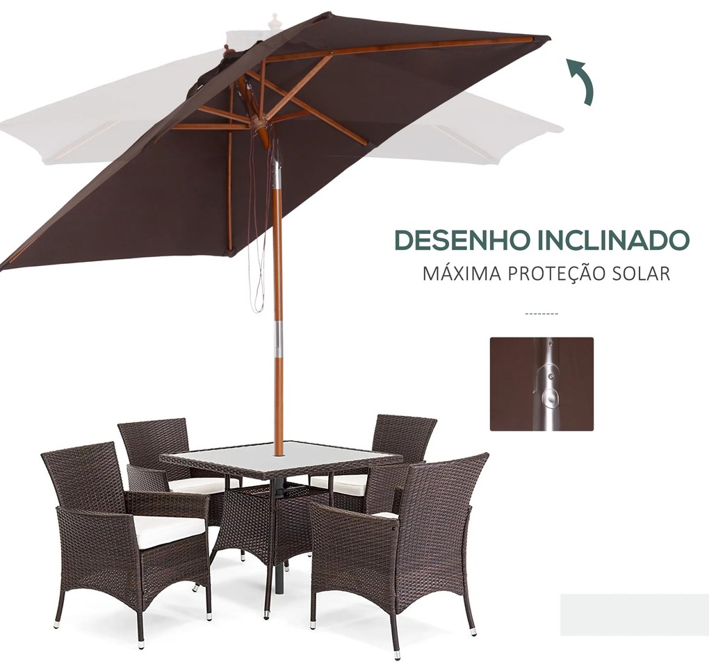 Chapéu de Sol de Jardim 200x150x230 cm Chapéu de Sol Retangular Inclinável com Polia Duplo Teto Castanho