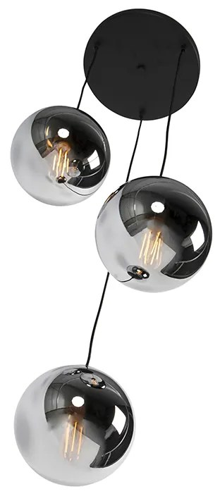 Candeeiro de suspensão Art Deco preto com vidro fumado 3 luzes - Pallon Art Deco