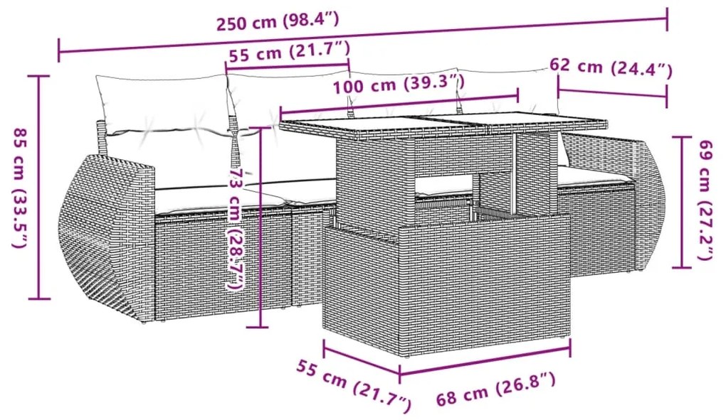 5 pcs conjunto de sofás p/ jardim com almofadões vime PE bege