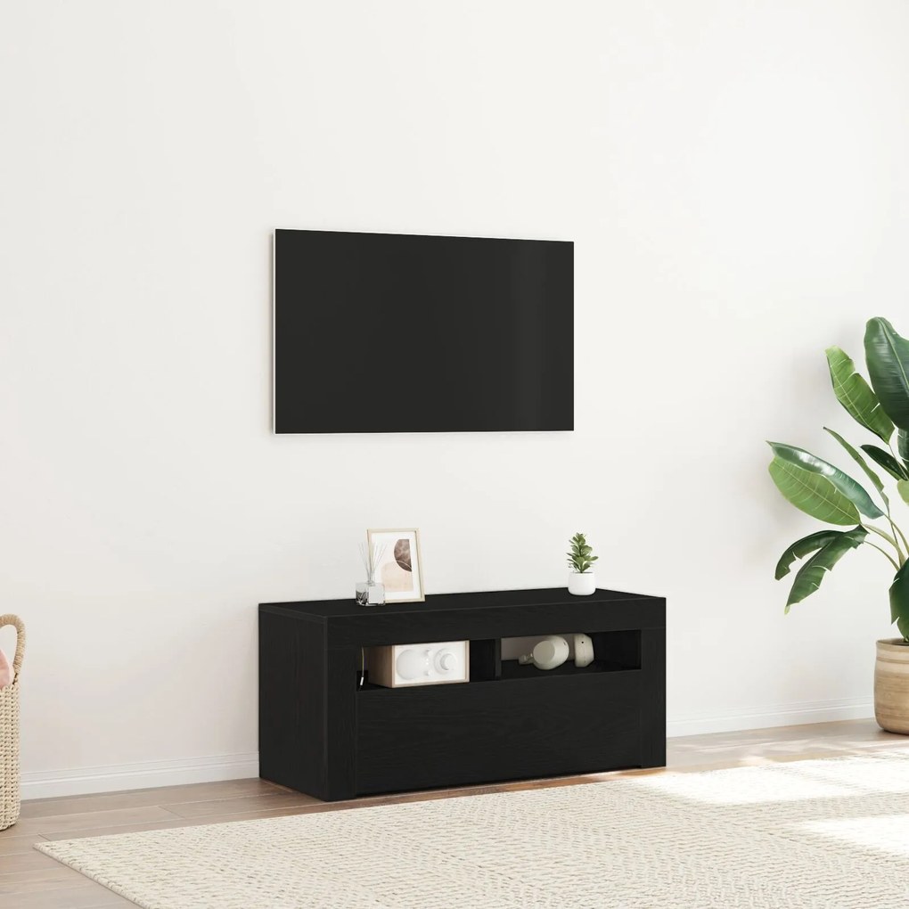 Gabinete de TV vidaXL com LED Preto Carvalho 90x35x40 cm Madeira engen