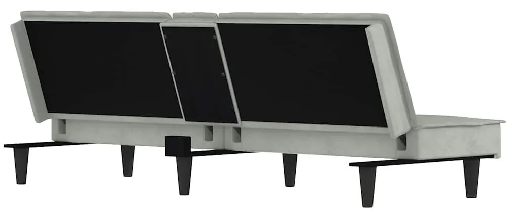 Sofá-cama com suportes para copos veludo cinzento-claro