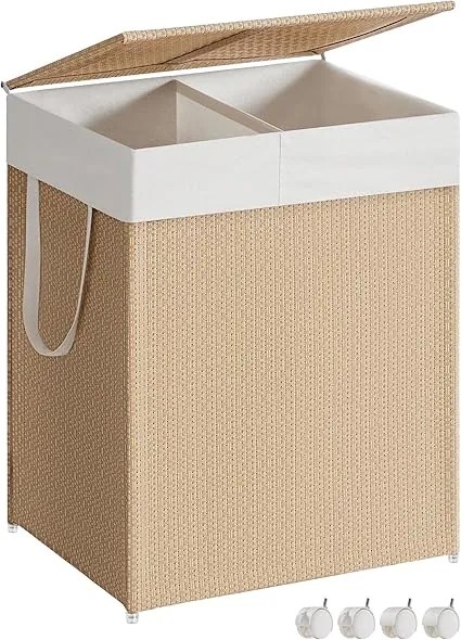Cesto para roupa suja 100 L com 2 compartimentos e rodas bege natural-branco