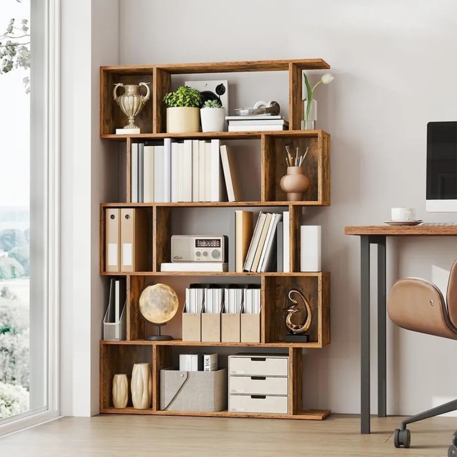 Estante em forma de S com 5 prateleiras abertas 24 x 90 x 159 cm Castanho vintage