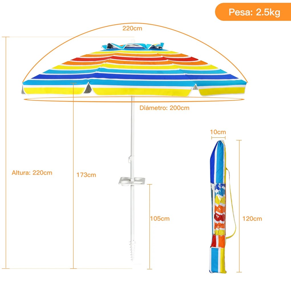 Guarda-sol de praia inclinável portátil com porta-copos, saco de transporte e proteção solar UPF50+ para exterior Pátio Piscina 2 x 2,2 m Multicolorid