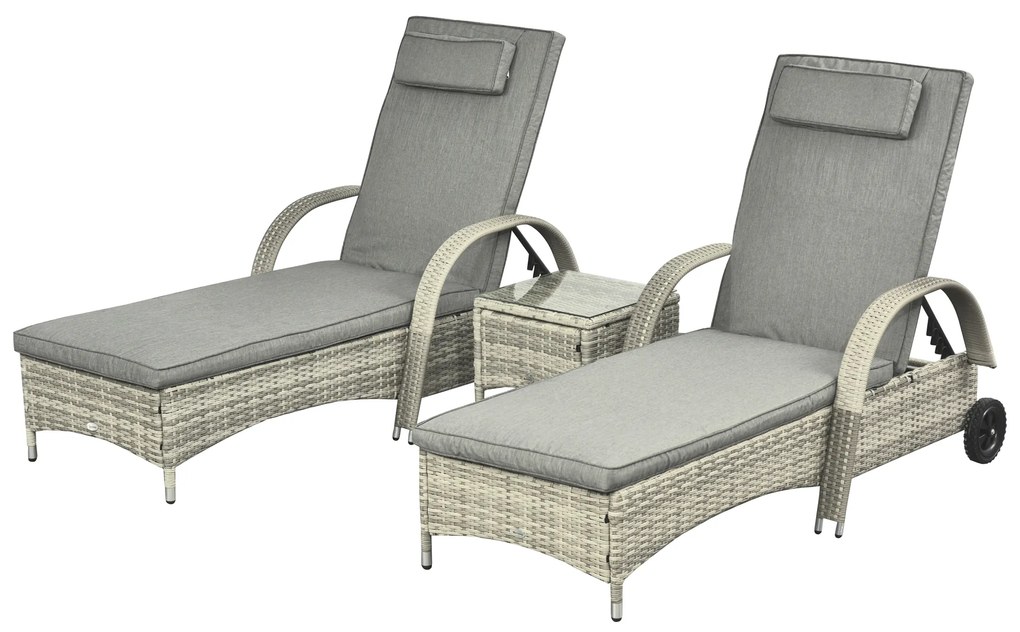 Outsunny Espreguiçadeira de Jardim Conjunto de 3 Peças com Mesa de Vime Sintético Metal Cinza | Aosom Portugal