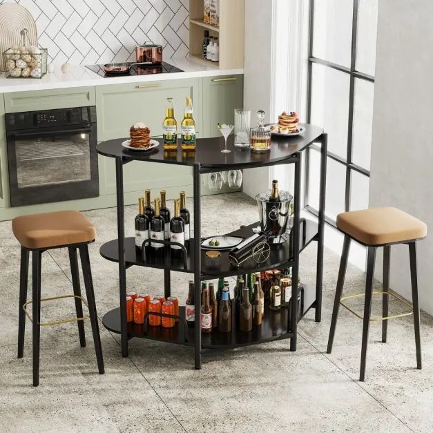 Mesa de Bar com Suportes para Copos e Estantes Bar Industrial com Estrutura Metálica 120 x 66 x 102 cm Preta