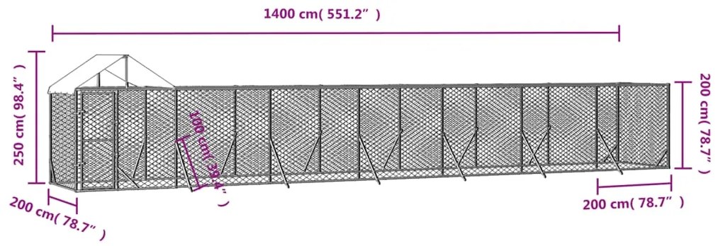Canil de exterior com teto 14x2x2,5 m aço galvanizado prateado