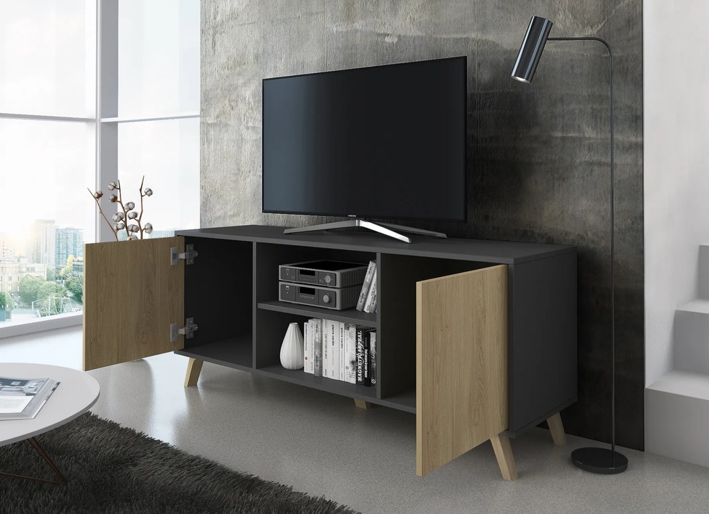 Móvel de TV 140 com 2 portas, sala de estar, modelo WIND, estrutura cor Antracite Grey, cor da porta Puccini, mede 140x40x57cm de altura.