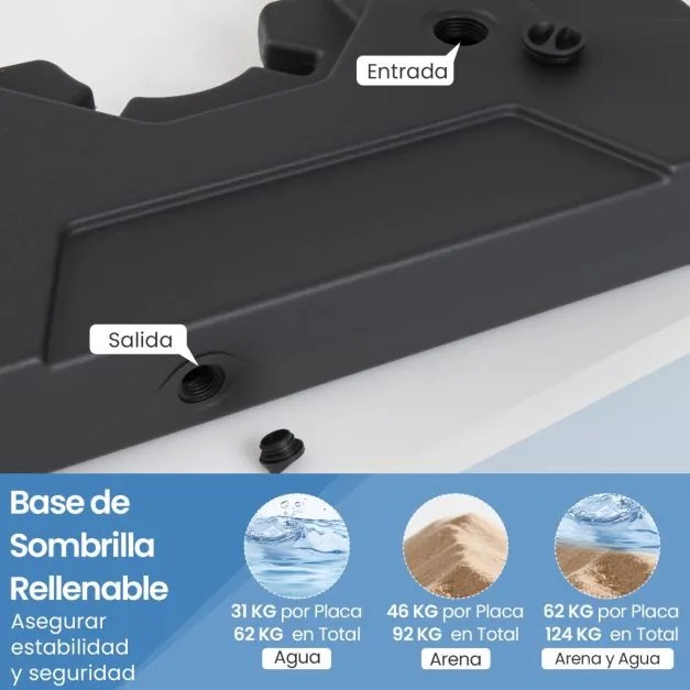Base para guarda-sol 88 x 88 x 13 cm (BASE CRUZADA NÃO INCLUIDA), 124 kg, 2 placas quadradas pesadas, enchimento com água ou areia, com alças, 88 x 88