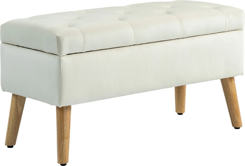 HOMCOM Pufe de Arrumação em Veludo com Tampa e Pés de Madeira para Sala, Quarto ou Entrada, 80x35x42 cm, Creme | Aosom Portugal