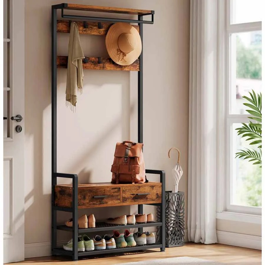 Bengaleiro entrada com banco para sapatos e 10 ganchos 30 x 80,4 x 181,6 cm preto-castanho vintage