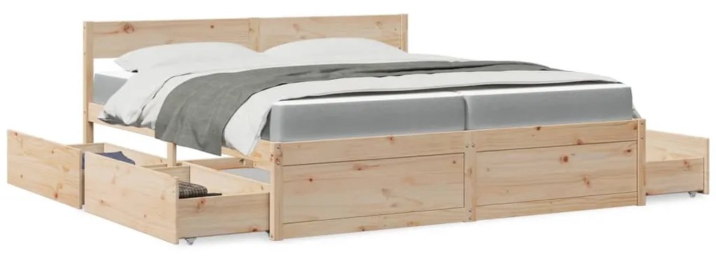 Cama com gavetas e colchão 200x200 cm madeira de pinho maciça
