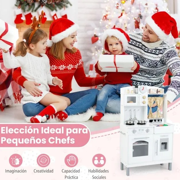 Cozinha de brincar para crianças de madeira 63 x 30 x 100/104/105,5 cm com 3 alturas ajustáveis Micro-ondas Fogões Pia Forno Máquina Branca