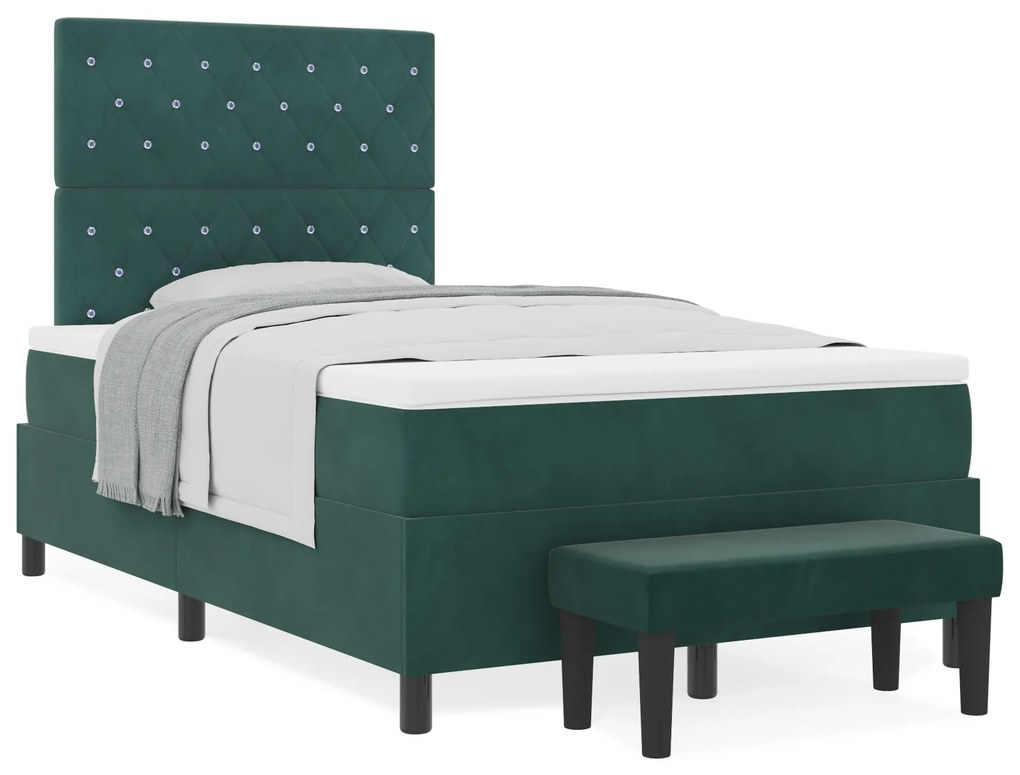 Cama Box Spring com Colchão e Banco Verde Escuro 120x200 cm Veludo