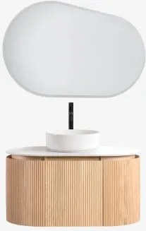 Conjunto De Móvel De Casa De Banho Suspenso 90x50 Cm Em Madeira Carsone Madeira Natural & Sem Unidade Auxiliar & Cerâmica Redonda Branca Ø40 Cm Lenka