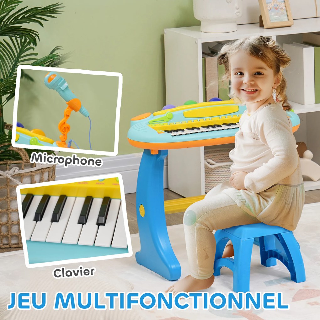 Piano eletrónico infantil de 37 teclas, com microfone, banco, luz LED e função de gravação e reprodução azul