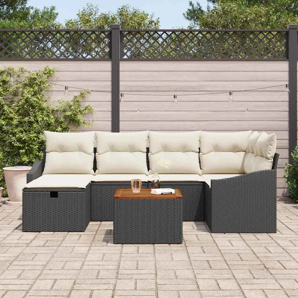 Conjunto de Sofá de 7 Peças para Jardim com Almofadas Preto Poliratan