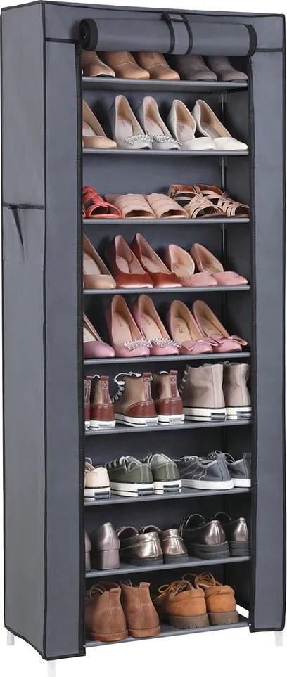 Sapateira com 10 prateleiras 28 x 58 x 160 cm, com revestimento tecido, armário para sapatos Cinza