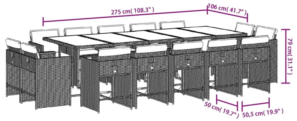 15 pcs conjunto de jantar p/ jardim com almofadões vime PE bege