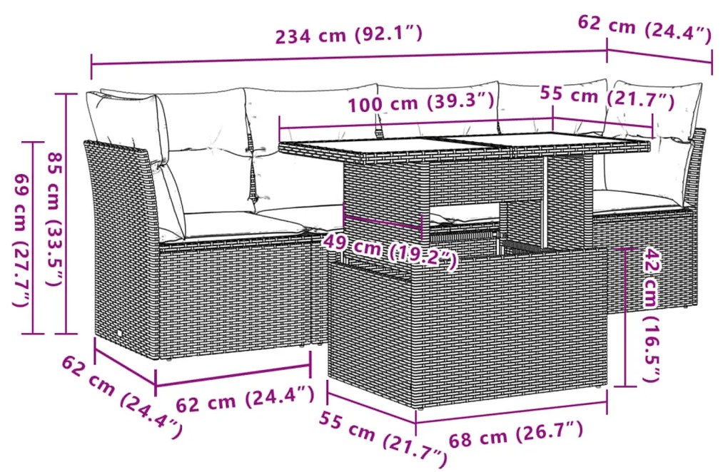 5 pcs conjunto sofás p/ jardim c/ almofadões vime PE castanho