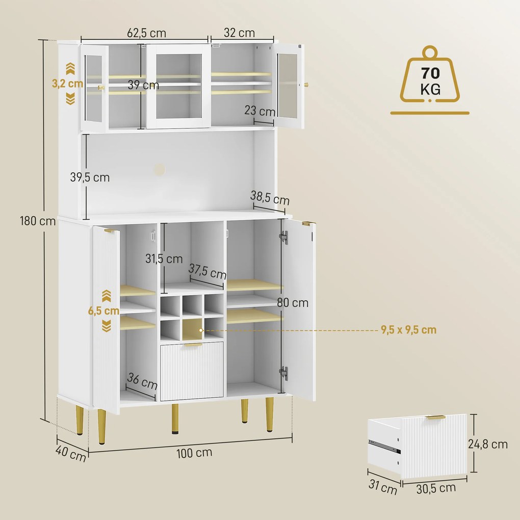 Armário de Cozinha Móvel Auxiliar de Cozinha Armário Alto com 3 Portas de Vidro Suporte para Garrafas 100x40x180 cm Branco