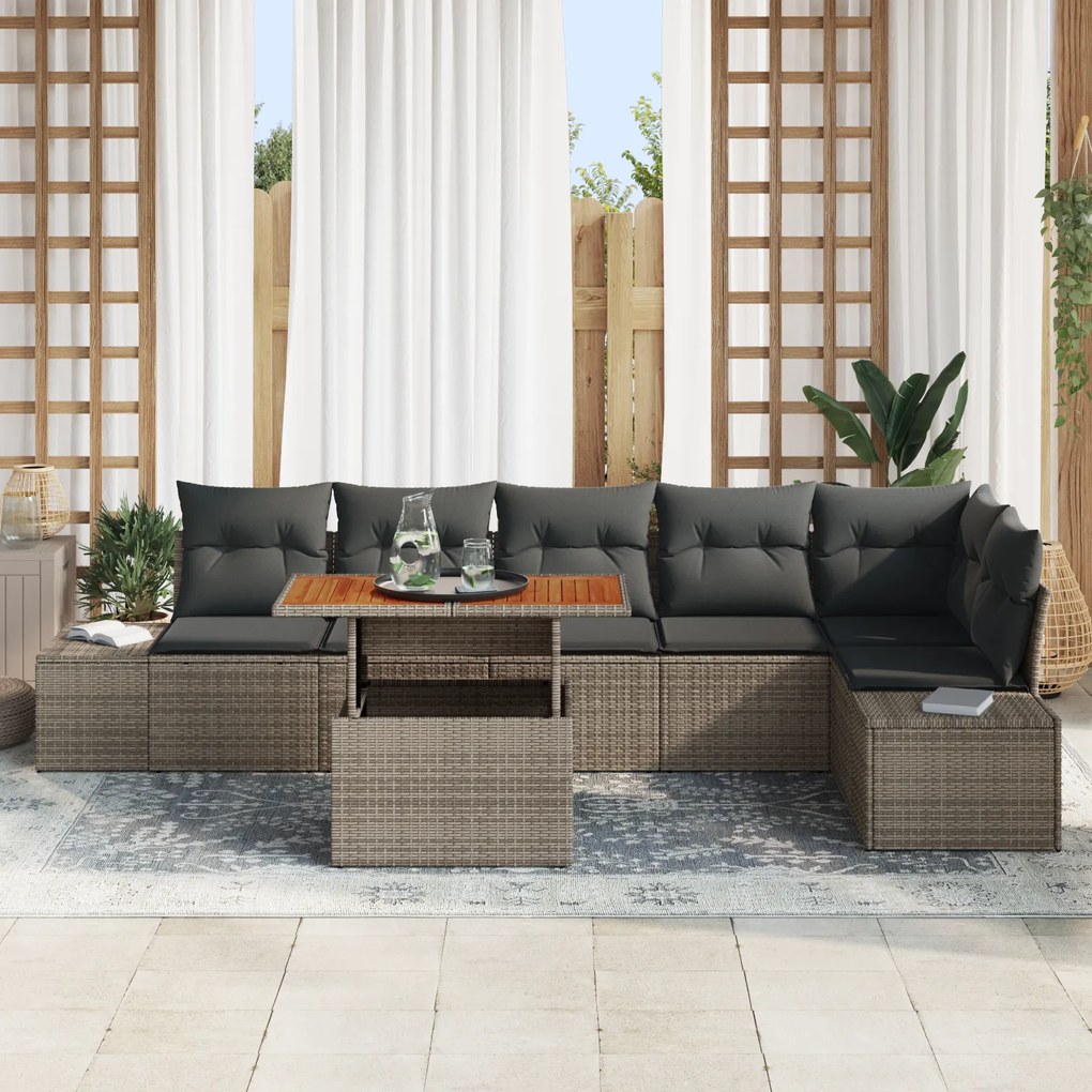 Conjunto de Sofá de Jardim de 7 Peças com Almofadas Cinza de Vime