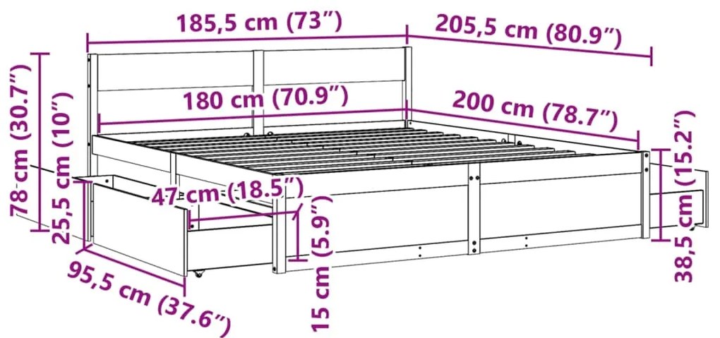 Estrutura de cama c/ gavetas 180x200 cm pinho castanho cera