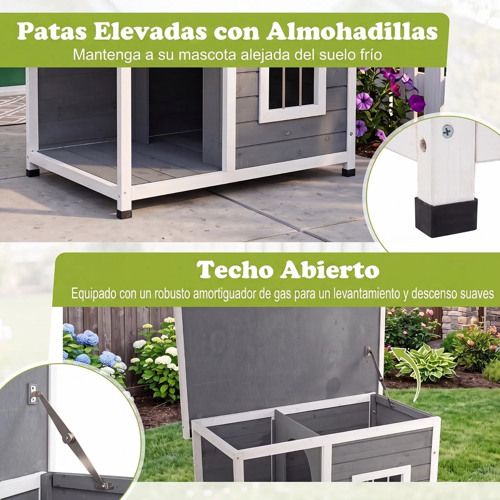 Casa para Cão com Terraço, 86 x 63 x 60 cm, Teto Impermeável de Asfalto, Cinzento