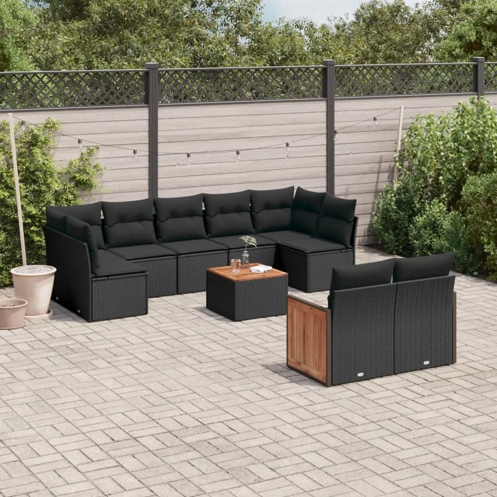 10 pcs conjunto sofás de jardim c/ almofadões vime PE preto