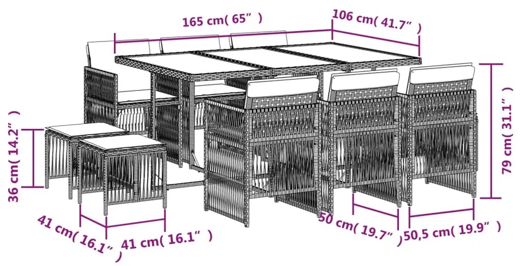 11 pcs conjunto de jantar p/ jardim c/ almofadões vime PE preto
