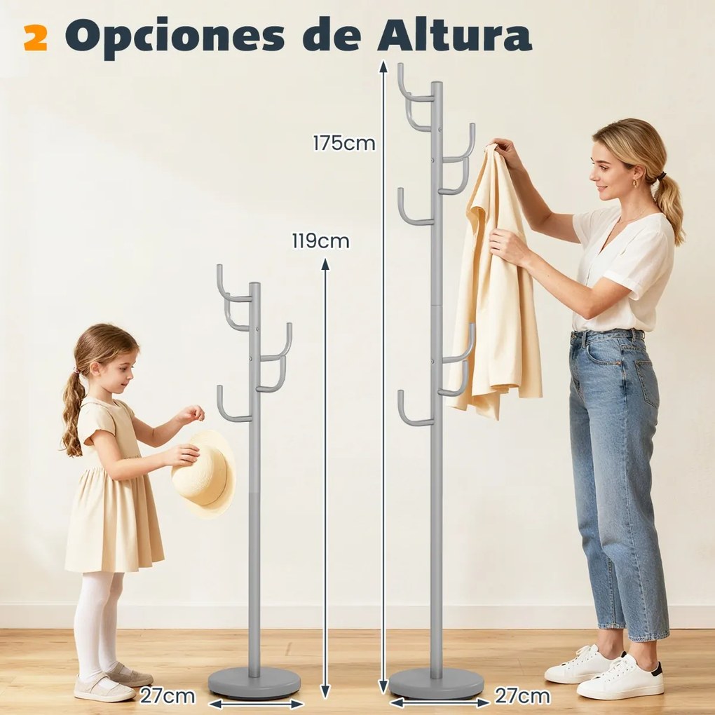 Cabide Cactus 8 Ganchos Base Pesada Extremidades Curvas 2 Alturas Ajustáveis Metal para Entrada Quarto 175 cm Cinza Prateado