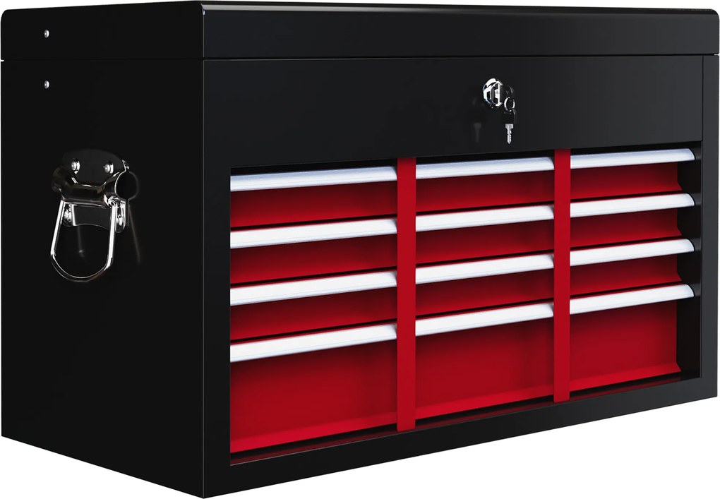HOMCOM Caixa de ferramentas, trancável, 3 gavetas, estrutura em aço, 60x26x34cm, Vermelho+Preto | Aosom Portugal
